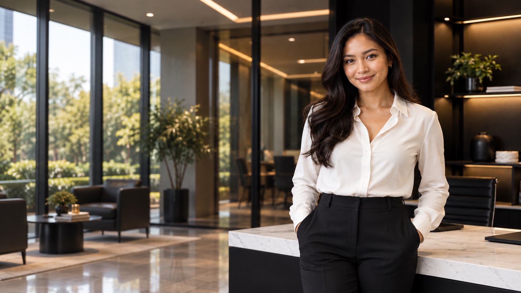 Myaa professional in a warm modern office with full-width windows and workspace scenery